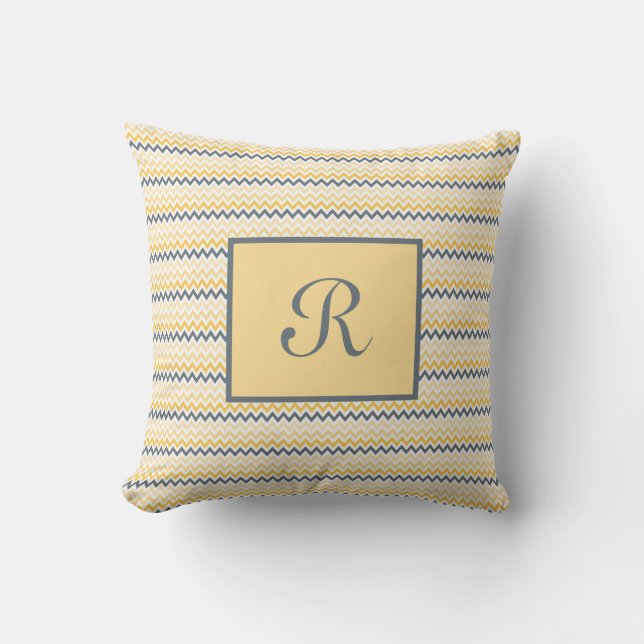 Monogrammed Yellow Grey Chevron Script Font  Throw Pillow (Front)