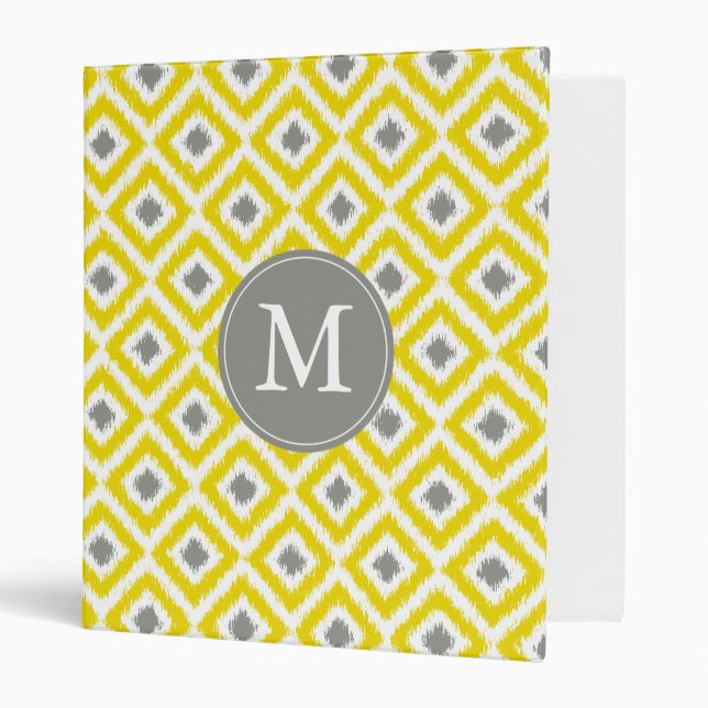 Monogrammed Yellow Grey Diamond Ikat Pattern Binder (Front/Inside)