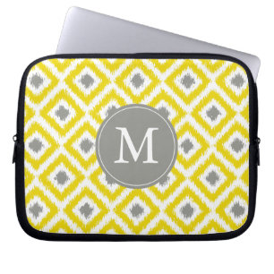 Monogrammed Yellow Grey Diamond Ikat Pattern Laptop Sleeve