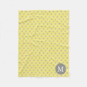 Monogrammed Yellow Grey Diamonds Ikat Pattern Fleece Blanket