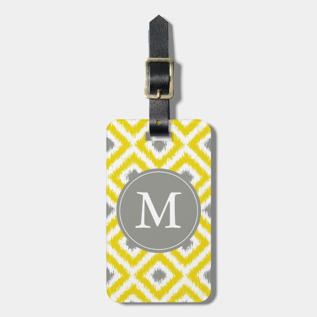 Monogrammed Yellow Grey Diamonds Ikat Pattern Luggage Tag (Front Vertical)
