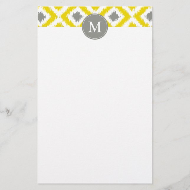 Monogrammed Yellow Grey Diamonds Ikat Pattern Stationery (Front)