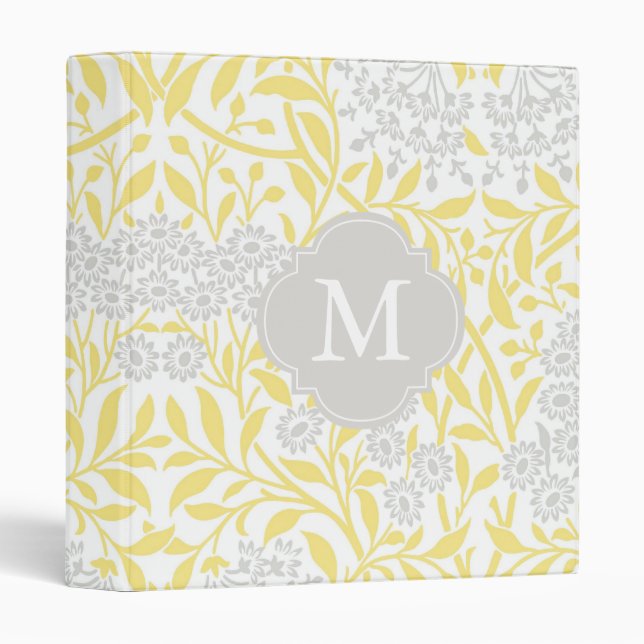 Monogrammed Yellow Grey Floral Damask Pattern Binder (Front/Spine)
