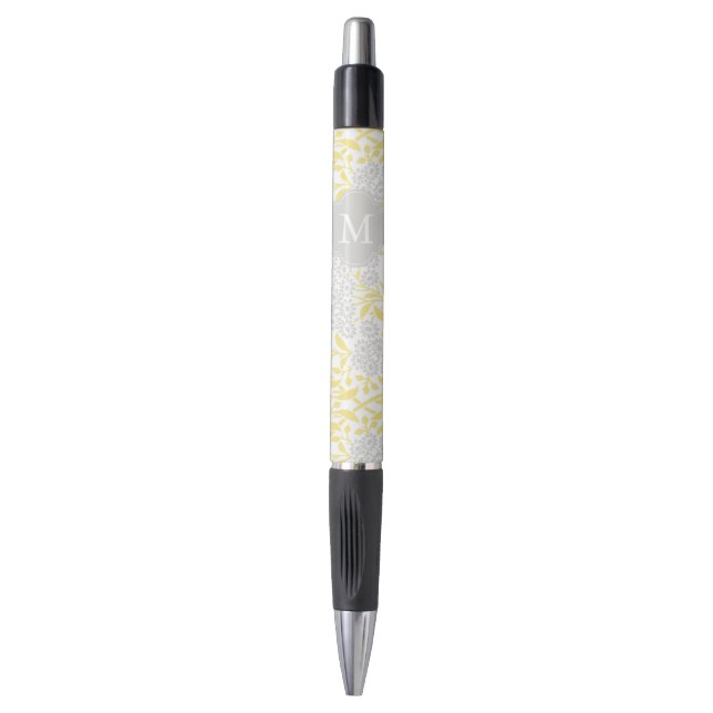 Monogrammed Yellow Grey Floral Damask Pen (Front Vertical)