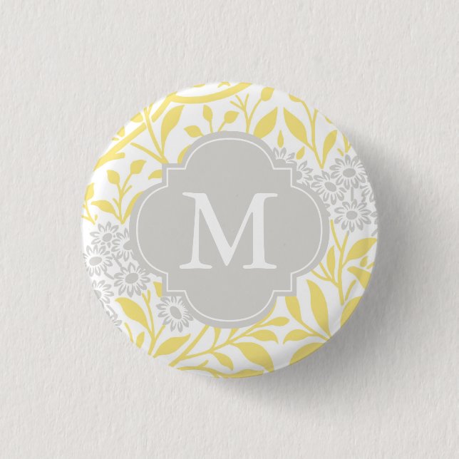 Monogrammed Yellow Grey Floral Pattern 1 Inch Round Button (Front)