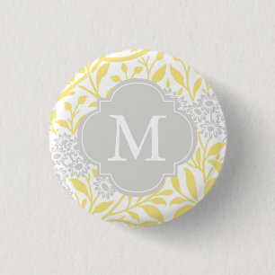 Monogrammed Yellow Grey Floral Pattern 1 Inch Round Button