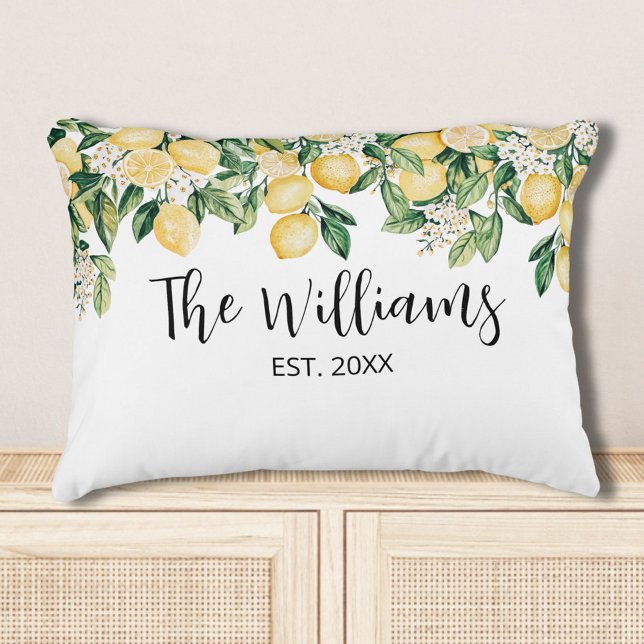 Monogrammed Yellow Lemon Tree Accent Pillow (In situ)