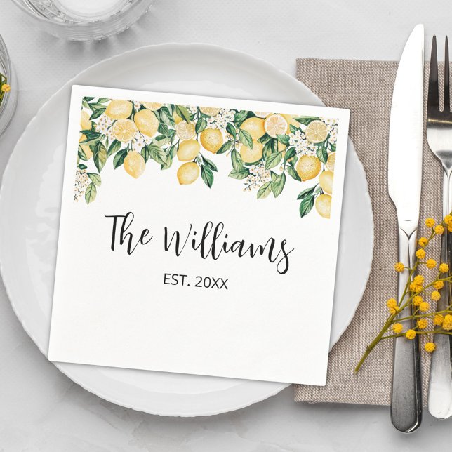Monogrammed Yellow Lemon Tree Napkin (In situ)