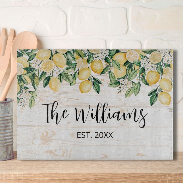 Monogrammed Yellow Lemon Tree White Wood Cutting Board (In situ)