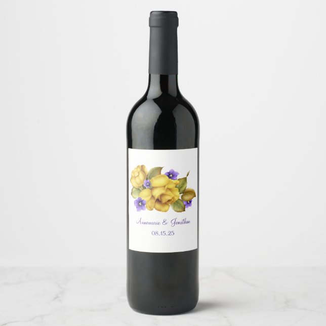 Monogrammed Yellow Roses and Purple Violets  Wine Label (Front)