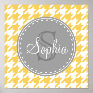 Monogrammed Yellow White Houndstooth Pattern Poster