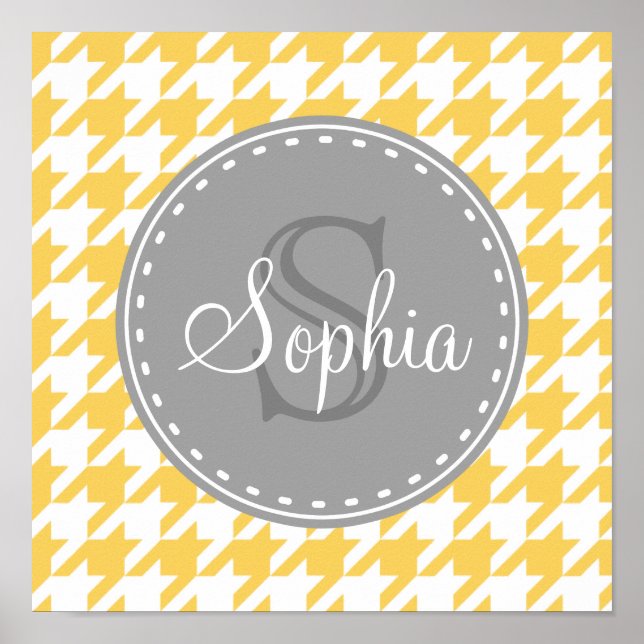 Monogrammed Yellow White Houndstooth Pattern Poster (Front)