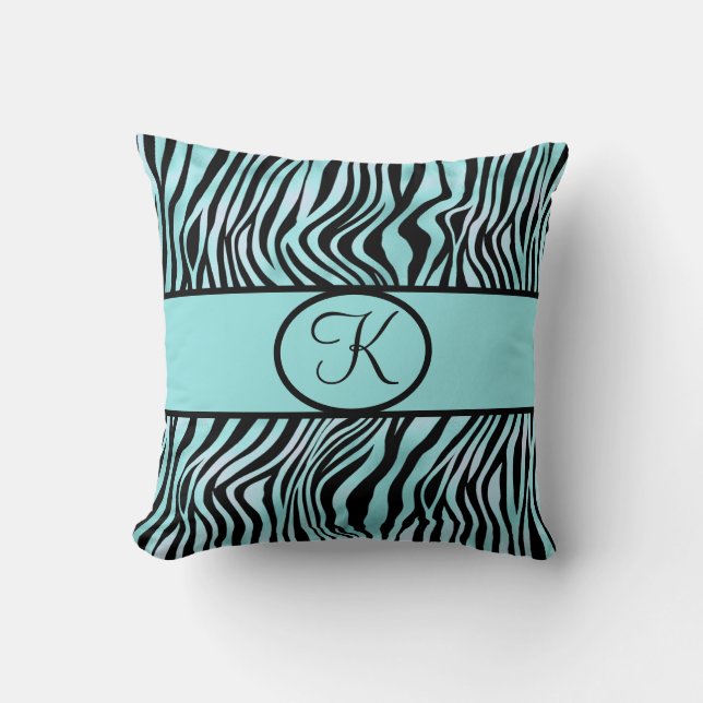 Monogrammed Zebra Print Teal Turquoise Aqua Black Throw Pillow (Front)