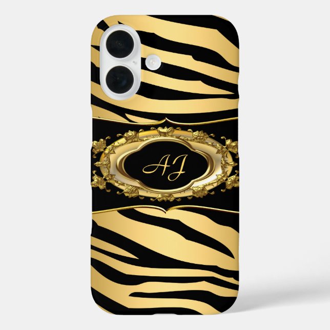 Monogrammed Zebra Stripe Black Ornate Gold Case-Mate iPhone Case (Back)