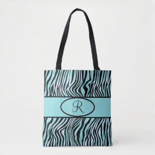 Monogrammed Zebra Stripe Turquoise Teal and Black Tote Bag