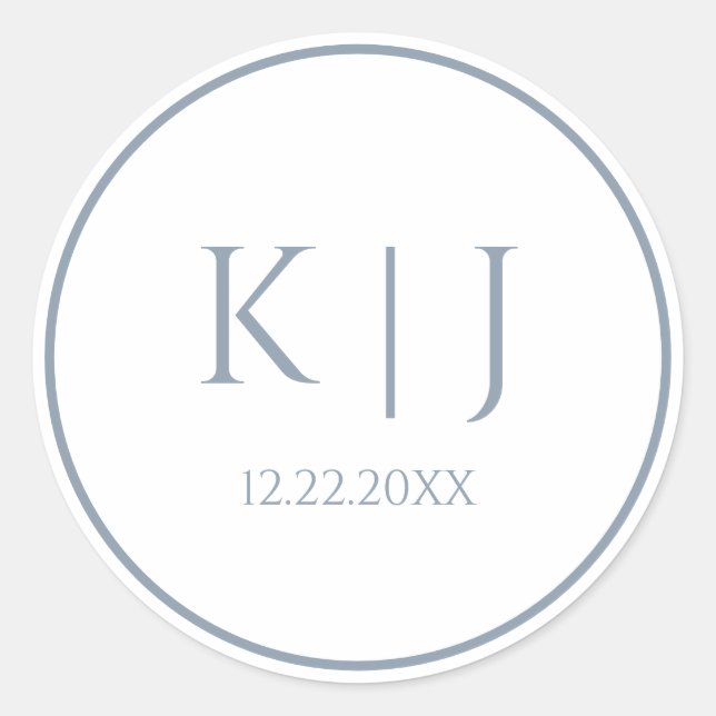 Monograms Dusty Blue Elegant Minimalist Wedding Classic Round Sticker (Front)