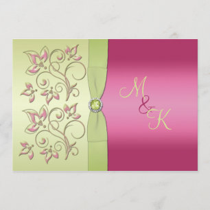 Monograms Green Pink Floral Wedding Invitation