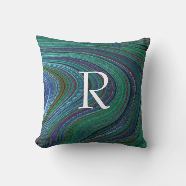 Monograms Green Wave Artsy Swirl Patterns Stylish Outdoor Pillow (Front)