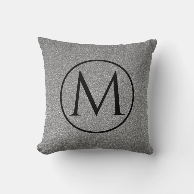 Monograms Initial Black White Grey Glitter Modern Throw Pillow (Front)