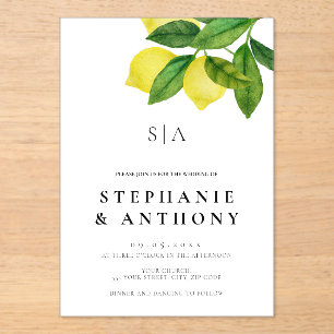 Monograms Lemon Branch Greenery Wedding Acrylic Invitations