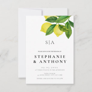 Monograms Lemon Branch Greenery Wedding Invitation