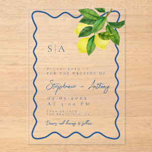 Monograms Lemon Citrus, Blue Wave Border Wedding   Acrylic Invitations