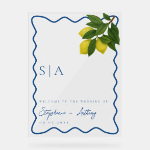 Monograms Lemon Citrus, Blue Wave Border Wedding   Acrylic Sign