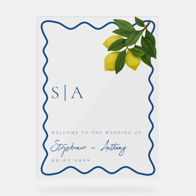 Monograms Lemon Citrus, Blue Wave Border Wedding   Acrylic Sign (Front)