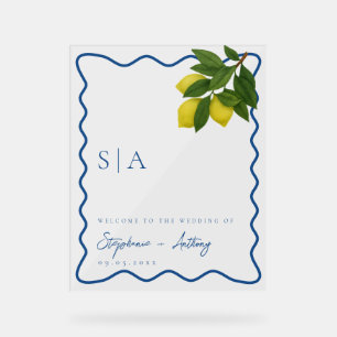 Monograms Lemon Citrus, Blue Wave Border Wedding   Acrylic Sign