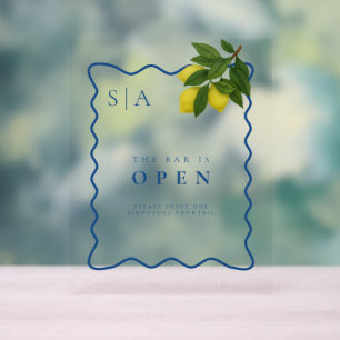 Monograms Lemon Citrus, Blue Wave Border Wedding   Acrylic Sign