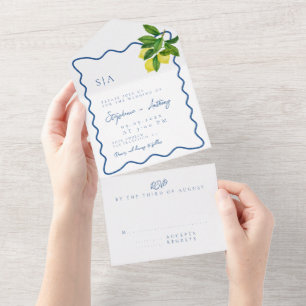 Monograms Lemon Citrus, Blue Wave Border Wedding   All In One Invitation