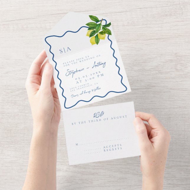 Monograms Lemon Citrus, Blue Wave Border Wedding   All In One Invitation (Tearaway)