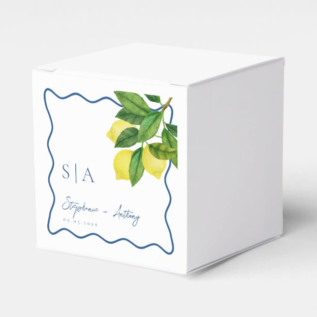 Monograms Lemon Citrus, Blue Wave Border Wedding   Favor Box (Front Side)