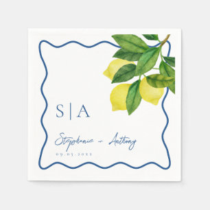 Monograms Lemon Citrus, Blue Wave Border Wedding Napkin