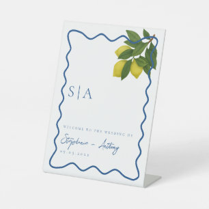 Monograms Lemon Citrus, Blue Wave Border Wedding   Pedestal Sign