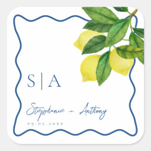 Monograms Lemon Citrus, Blue Wave Border Wedding Square Sticker
