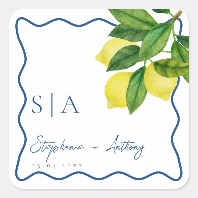 Monograms Lemon Citrus, Blue Wave Border Wedding   Square Sticker (Front)
