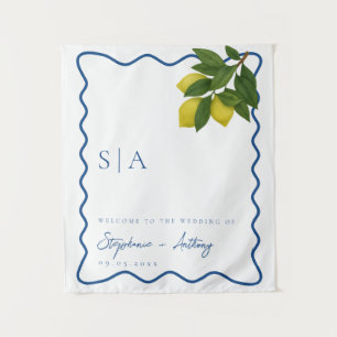 Monograms Lemon Citrus, Blue Wave Border Wedding Tapestry
