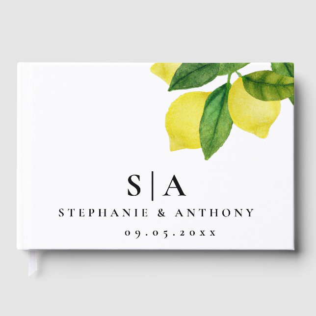 Monograms Lemon Citrus Branch Greenery Wedding    Guest Book (Front)