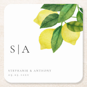 Monograms Lemon Citrus Branch Greenery Wedding  Square Paper Coaster