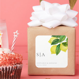Monograms Lemon Citrus Branch Greenery Wedding Square Sticker