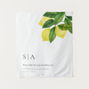 Monograms Lemon Citrus Branch Greenery Wedding Tapestry