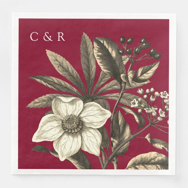 Monograms Modern Burgundy Beige Christmas Rose  Napkin (Front)