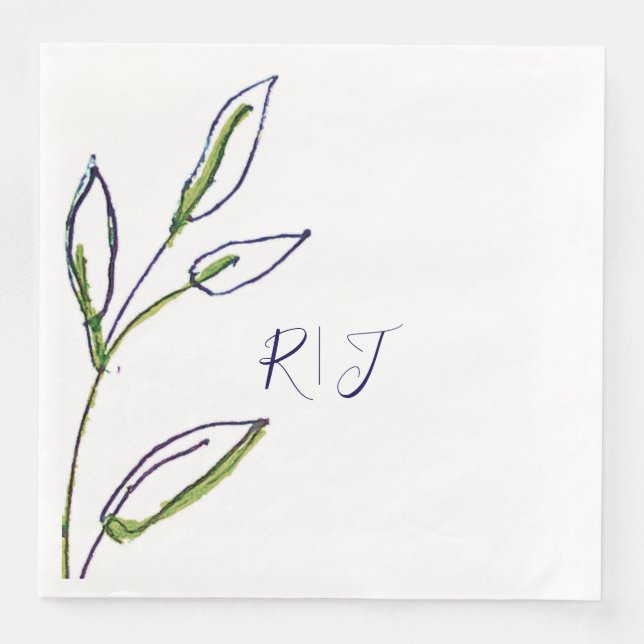 Monograms Sage Green Leaves Navy Blue Art Wedding Napkin (Front)