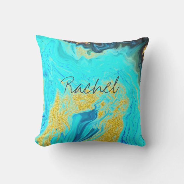 Monograms Teal Blue Golden Patterns Custom Name Outdoor Pillow (Front)