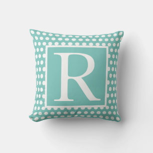 Monograms Teal Blue White Poka Dots Gift Favour Outdoor Pillow