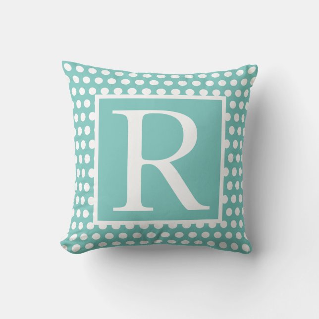 Monograms Teal Blue White Poka Dots Gift Favour Outdoor Pillow (Front)