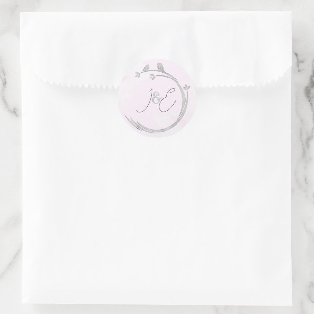 Monograms Watercolor Grey Lovebirds Branch Wreath Classic Round Sticker (Bag)