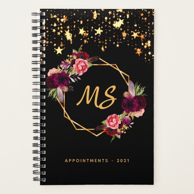 Monographie florale bordeaux géométrique en or noi (Devant)