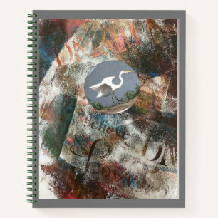 Monoprint Egret Dream and Believe Spiral Journal
